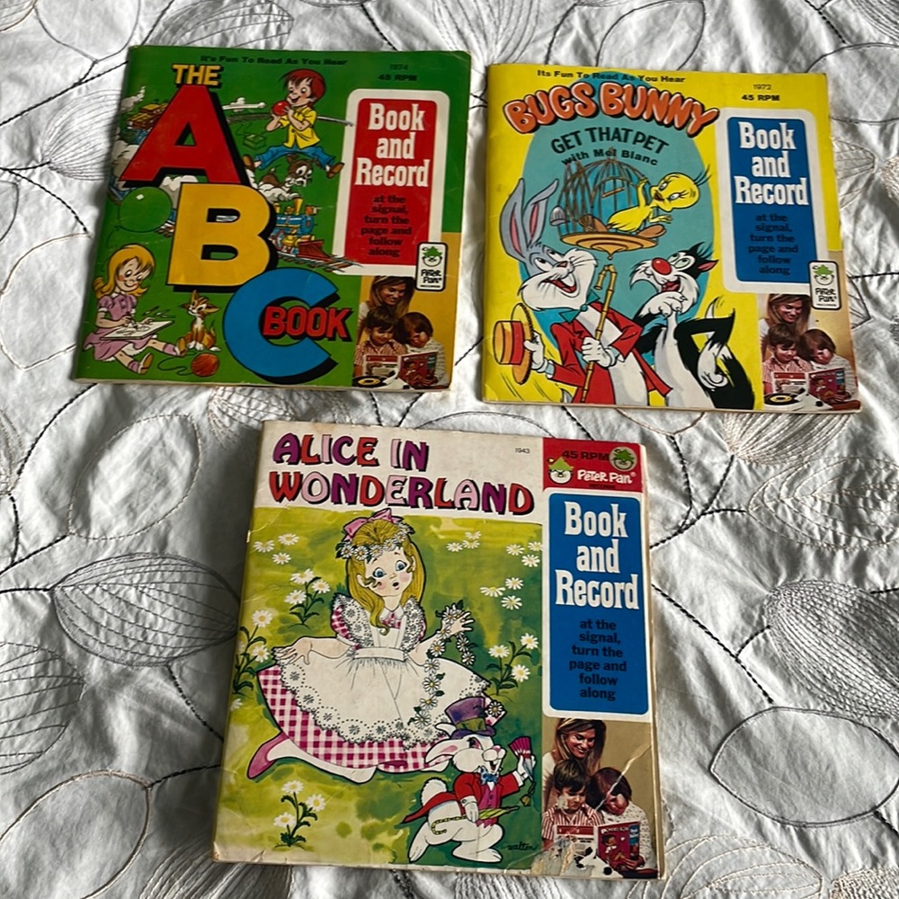 Set is 3 book and record 45s by Peter Pan ABC Bugs Bunny Alice in Wonderland